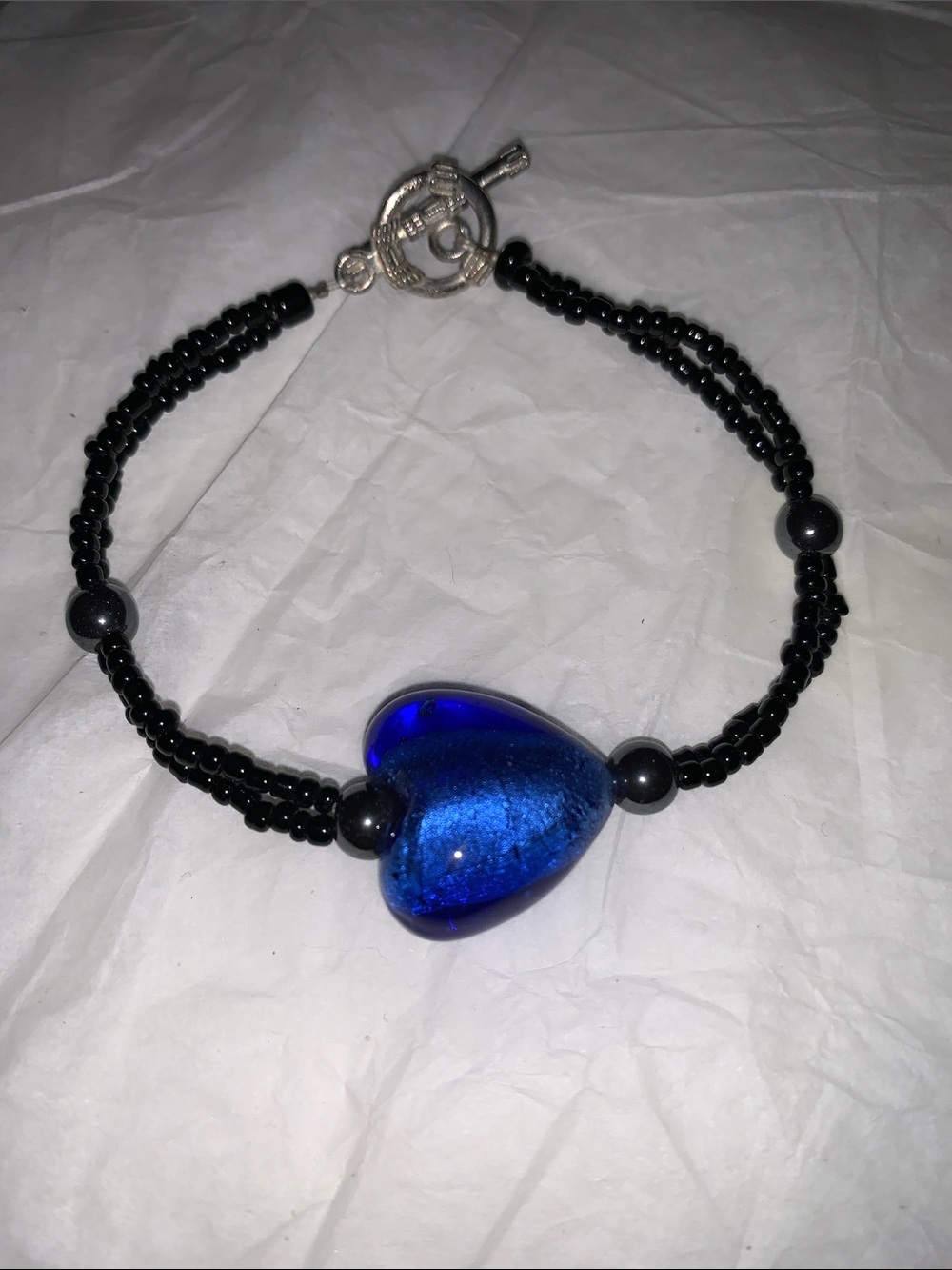 Blue Heart Glass Bead Bracelet with Black Seed Beads - Women Jewelry